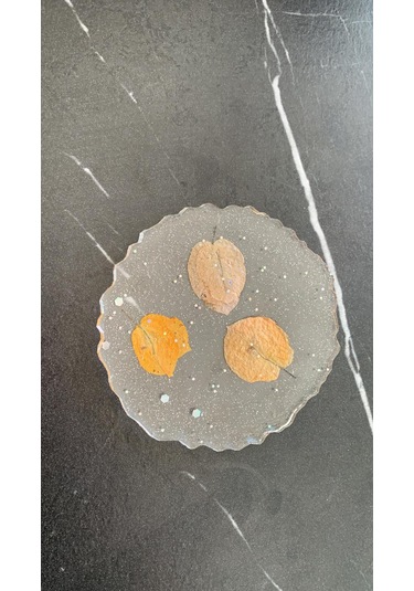 Epoksi İçinde Glitter Turuncu Begonvilli Yuvarlak Bardak Altlığı Şeffaf