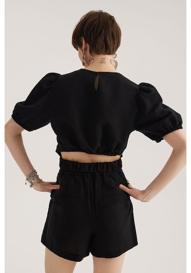Stella Pulvis Siyah Keten Karışımlı Beli Lastik Detaylı Balon Kol Bluz