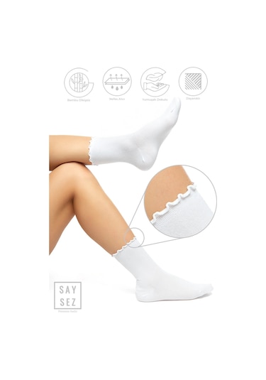 Bambu Kadın Lastiksiz Beyaz Fırfırlı Soket Dikişsiz Çorap 3'lü Paket / İz Bırakmaz / Sıkmayan Çorap Renkli