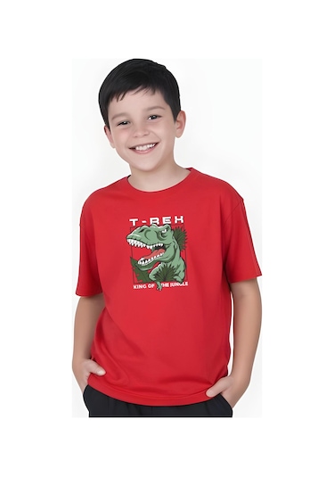 T-rex Baskılı Erkek Çocuk Kısa Kollu Tişört Kırmızı
