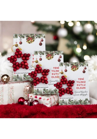 Yılbaşı-yeni Yıl Hediyesi 5 Adet Kırmızı Ahşap Boncuk Yıldız Anahtarlık