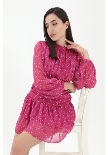 Büzgülü Puantiyeli Şifon Elbise - Fuşya-fuşya Fuşya