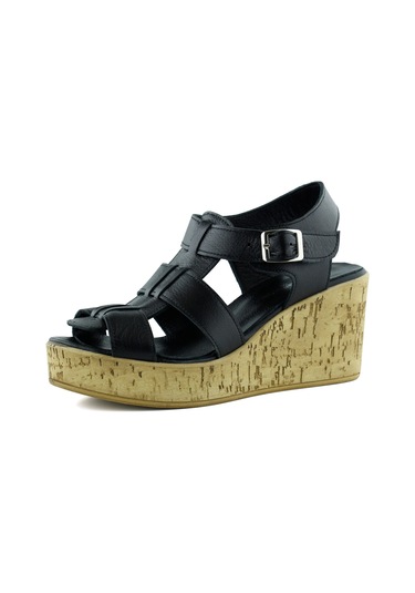 Erkan Saçmacı Xena Siyah Hakiki Dana Derisi Mantar Taban Görünümlü Dolgu Topuklu Gladyatör Sandalet Siyah