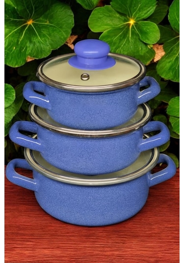 Nishev.com  6 Parça Mini Emaye Tencere Seti 12/14/16 Cm Mavi Mavi