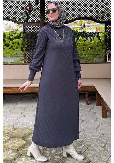 Yağmur Triko Elbise Antrasit Normal