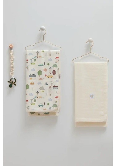 Erkek Bebek 2'li Müslin ve Penye Battaniye 80x90 CM Car-2206 Krem