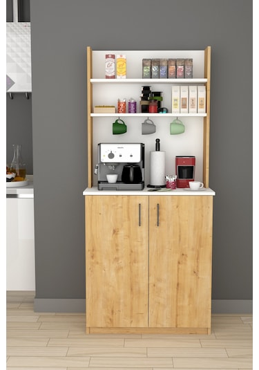 %100 Mdflam Kahve Köşesi Çok Amaçlı Mutfak Dolabı Kahve01 Beyaz - Safir Meşe Beyaz - Safir Meşe