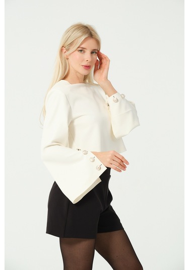 Düğme Detay Crop Bluz Beyaz BEYAZ Beyaz