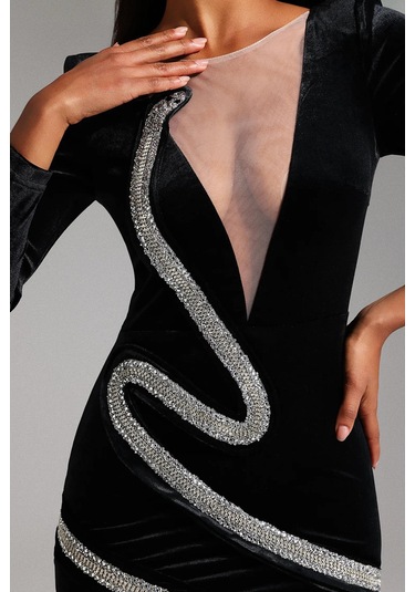 Kadife V Yaka Uzun Kollu Diamond Mini Elbise Siyah