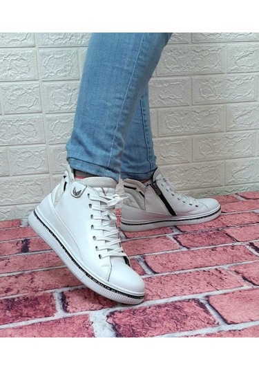 Voyager 8498 Beyaz Renk Hakiki Deri Kaymaz Taban Fermuarlı Bağaca