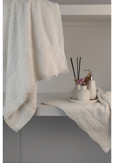 Gipür Dantelli Banyo Havlusu Takımı-%100 Pamuk Banyo Seti-gelin Havlusu Krem Krem
