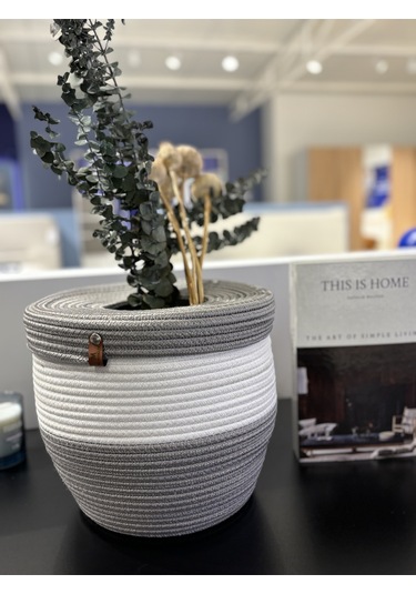 Kopya - Patrick Jüt Hasır Görünümlü Çöp Kovası, Dekoratif Sepet, Kağıt Çöpü Sepeti Gribeyaz