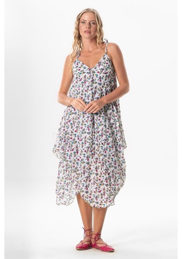 Askılı Vual Afrodit Midi Boy Yazlık Elbise Menekşe Beyaz 6242 Menekşe Beyaz