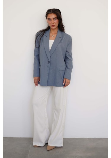 Madmext İndigo Oversize Blazer Kadın Ceket Mg2445 Indıgo