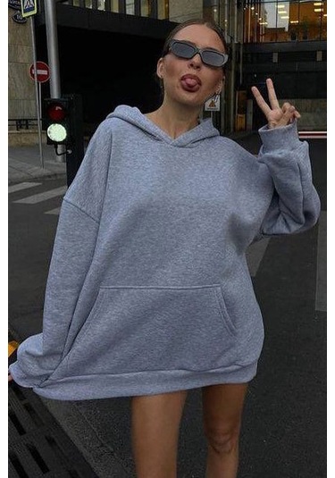 Madmext Grimelanj Kapüşonlu Şardonlu Oversize Sweatshirt Mg1566 Gri Melanj