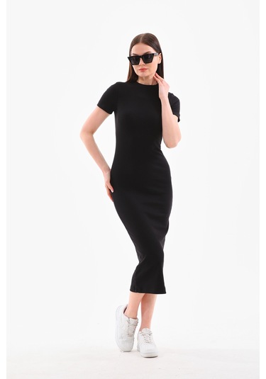 Siyah Kısa Kollu Diz Altı Fitilli Esnek Kalem Elbise - 130 Cm Siyah