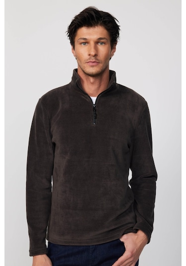 Tudors Erkek Dik Yaka Tüylenme Yapmayan Soğuk Geçirmez Standart Fit Rahat Kesim Füme Polar Sweatshirt-30136-füme Füme