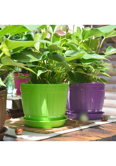 Sones 10 Adet Taklit Ahşap Fıçı Plastik Reçine Saksı Tepsili, Üst Çap: 16cm, Yükseklik: 13.5cm Beyaz