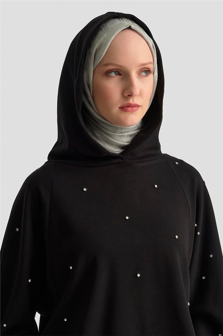 Armine Taşlı Kapüşonlu Sweat 25kd4031 Siyah Siyah