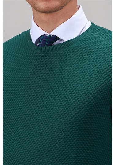 Tudors Slim Fit Dar Kesim Bisiklet Yaka Petek Desenli Erkek Kazak-16252 Yeşil