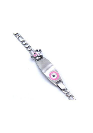 Bebek Bileklik Çelik Pembe Nazar Boncuklu Mickey Mouselu Blk-960 Gümüş