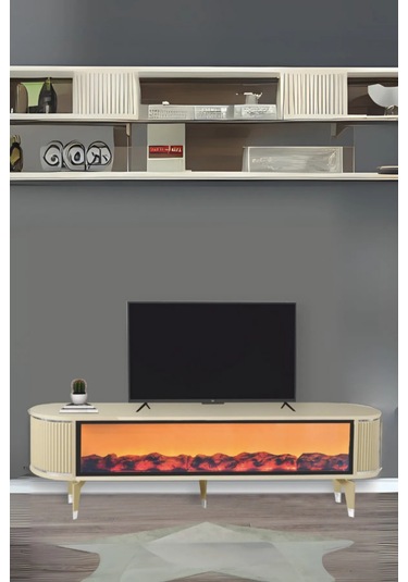 Talia Şömineli Tv Sehpası Cappuccino Gümüş Mebran Bluetooth Hoparlörlü 7 Renk Efektli 160x40x50 Cm