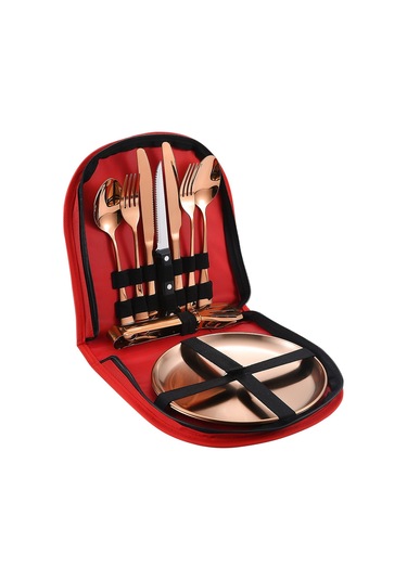 Sones Paslanmaz Çelik Taşınabilir Çatal Bıçak Takımı Batı Biftek Bıçağı Çatal Kaşık Seti, Renk: Kırmızı Gül Altın