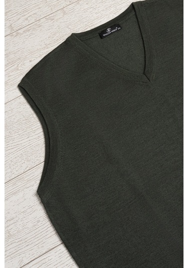 V Yaka Battal Büyük Boy Yünlü Kolsuz Triko Süveter Yeşil