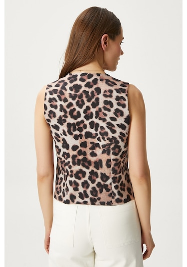 Ritnice Kadın Style Leopar Astarlı Dokuma Yelek Kahverengi - Krem