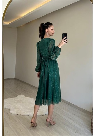 Neşeli Butik Kadın Kruvaze Yaka Tokalı Midi Boy Işıltılı Elbise Nm009 Yeşil