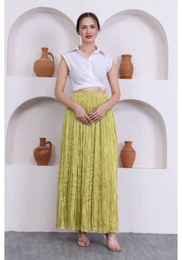 Kırışık Detaylı Etek 6034-yağ Yeşili Yağ Yeşili