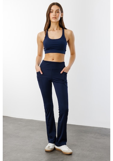 Kadın Yüksek Bel Toparlayıcı Çift Cepli Ispanyol Paça Tayt İspanyolpaça-tayt Lacivert