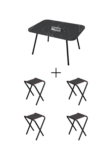 4 Adet Katlanır Kamp Taburesi Ve Katlanır Kamp Masası Seti 45x60 Siyah