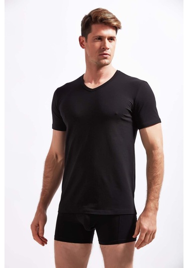 Josejuan 2'li Erkek Atlet V Yaka Yarım Kollu Koton Likralı 1303-2'li Siyah