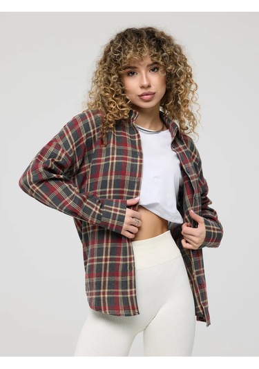 Uzun, Oversize Kareli Gömlek 377355034 Sivri Mor Melanj