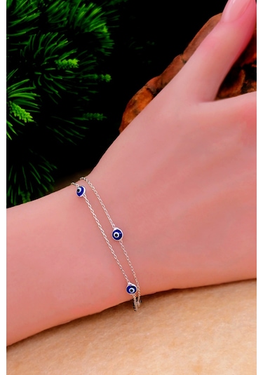 Silvera Telkari Kadın Nazar Boncuklu Gümüş Bileklik Cam Göz Nazar Zincirli Bileklik 925 Ayar St378 Gümüş