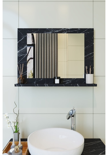 Makbulce Yakut Raflı Dresuar Banyo Aynası 60 x 45 Mermer Beyaz - Siyah