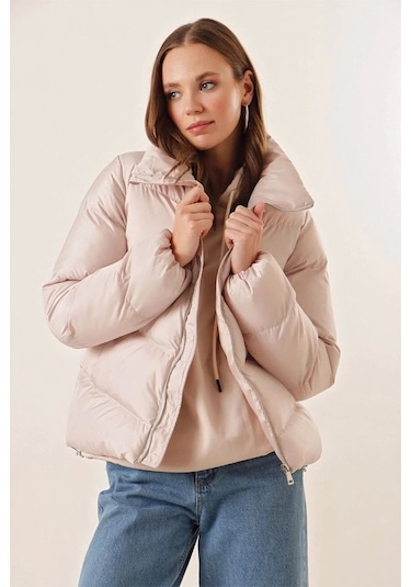 Defymoda 5205 Dik Yaka Fermuarlı Şişme Mont - Bej Bej