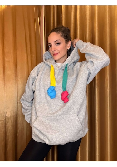 Ali Butik Renkli Kordon Detaylı Gri Sweatshirt Gri