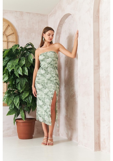 Kadın Yeşil Desenli Yırtmaçlı Straplez Tül Midi Elbise Dm1047 Yeşil