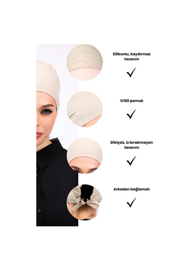 Kaymayan Krem Bone Silikonlu Kaymaz Dikişsiz Kadın Tesettür Bağlamalı Açık Vizon - Bej Krem