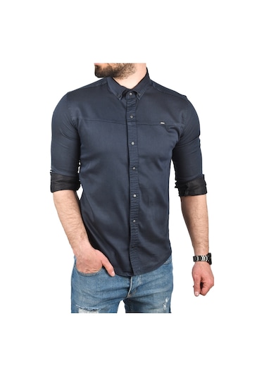 Deepsea Erkek Lacivert Slim Fit Pamuklu Kot Gömlek Kolay Ütülenebilir Çıt Çıtlı Likralı Spor Gömlek 2502504 Lacivert