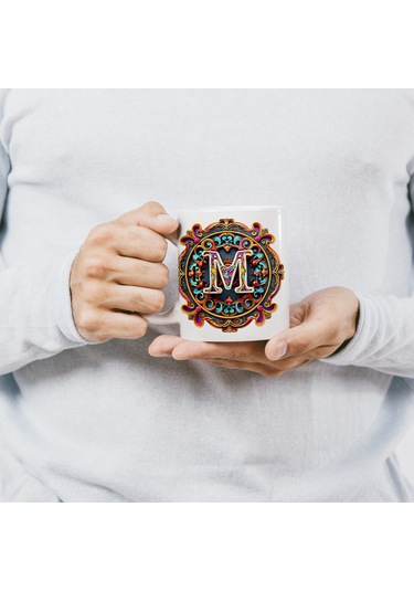 M Harfi Boho Bardak, Renkli Özel Tasarım Hediyelik Harfli Kupa, 330ml Porselen Beyaz