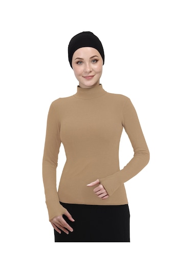 Hafif Balıkçı Yakalı Parmak Geçmeli Likralı Organik Kadın Body Koyu Bej