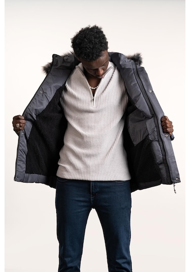 Kürklü Kapşonlu Kürk Ve Kapşon Çıkartılabilir İçi Polarlı Slimfit Kısa Mont Gri