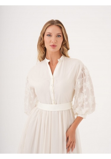 Dantel Detaylı Kemerli Şifon Gömlek Elbise Bej