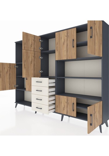 Arges Dolap 9 Raflı 4 Çekmeceli 8 Kapaklı 220x30x163 Antrasit-çam Antrasit-çam/aytaşı