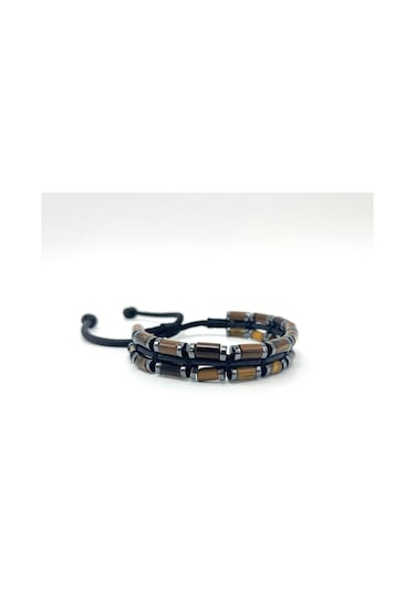 Sertifikalı Kaplan Gözü Ve Hematit Makrome Doğal Taş Deri Erkek Bileklik Kahverengi