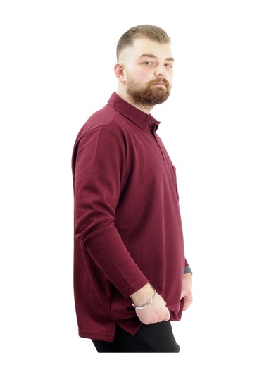 Mode Xl Büyük Beden Erkek Sweatshirt Polo Yaka Uzun Kol Waffle 23449 Bordo Bordo