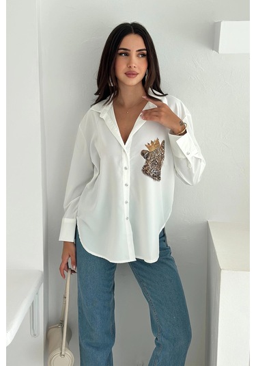Kral Aslan Desen Baskılı Taşlı Gömlek Beyaz